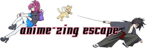 Logo for 'anime-zing escape' featuring animated characters on a white background.